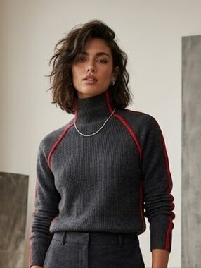 Mason & Kix 100% Cashmere Knit Sweater Turtleneck Grey Red Designer Luxury Sz S
